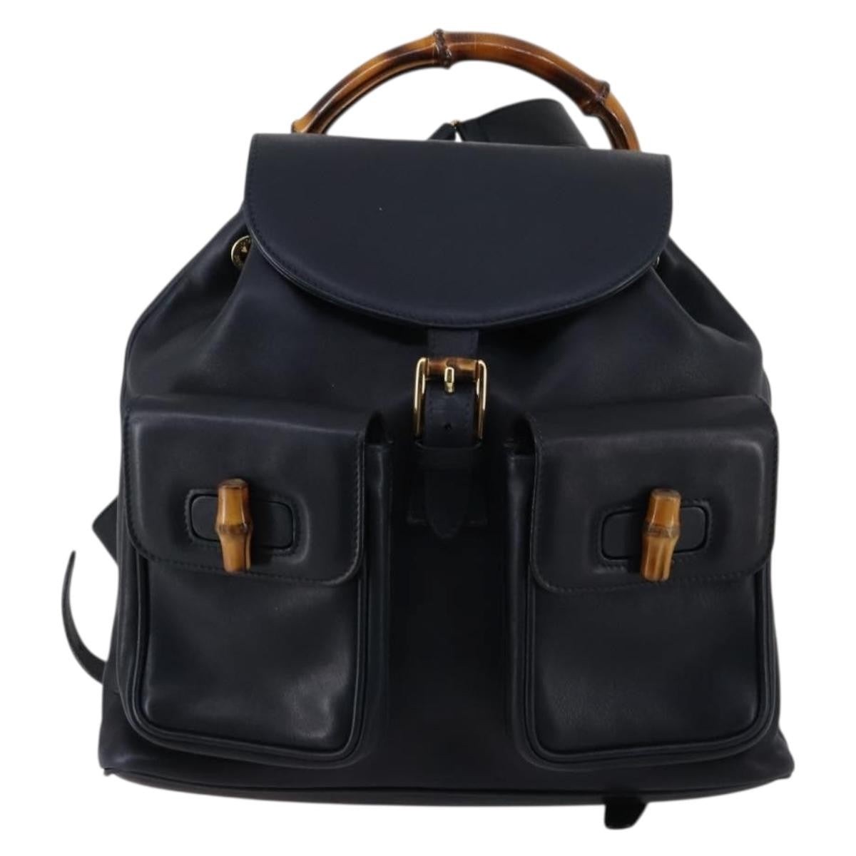 Gucci Vintage Bamboo Backpack Leather Navy Leather Backpack Bag (Authentic Pre-Loved)