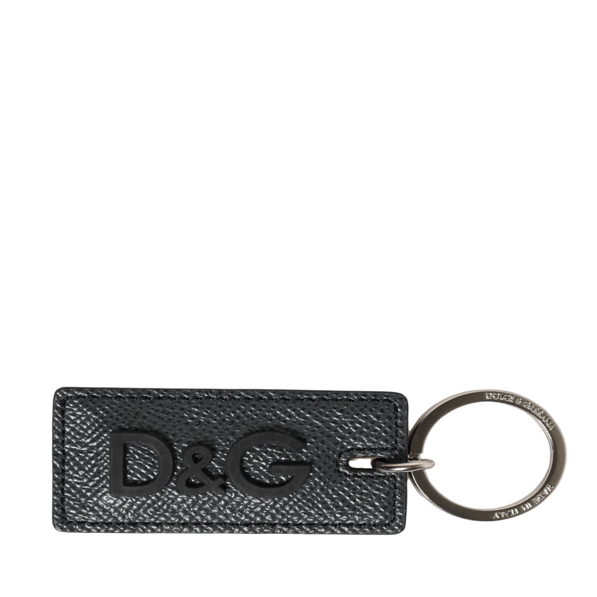 Dolce & Gabbana Black Calf Leather D&G Logo Metal Ring Keyring Women's Keychain