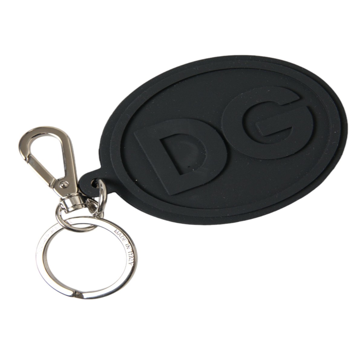 Dolce & Gabbana Black Rubber DG Logo Silver Brass Metal Keyring Women's Keychain