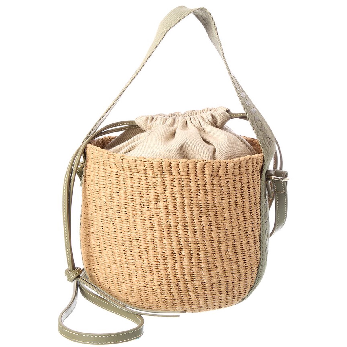 Chlo Woody Small Raffia & Canvas Bucket Bag