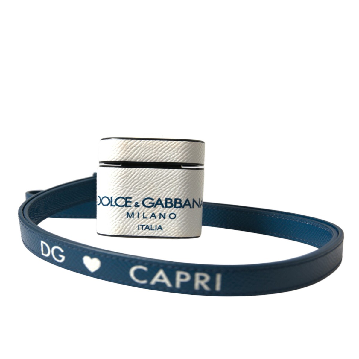 Dolce & Gabbana White Blue Calf Leather Logo Print Strap Airpods Women's Case
