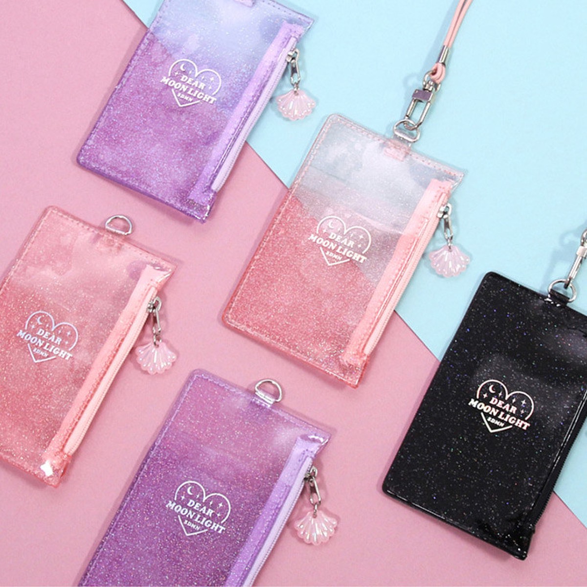 Dear moonlight twinkle zipper card case with neck strap